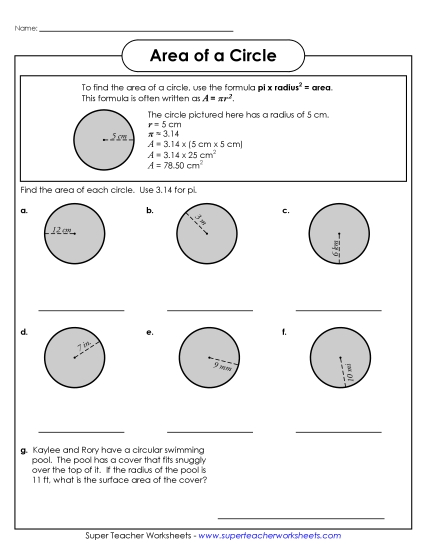 Printable Worksheets - Area of a Circle  1 (Intermediate)