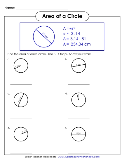 Printable Worksheets - Area of a Circle 3 (Intermediate) Printable Worksheets - Area of a Circle 3 (Intermediate)