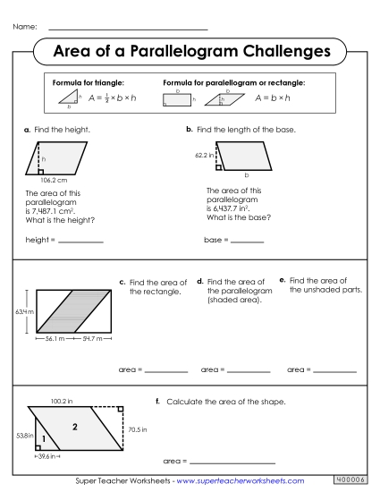 Level: Advanced Decimal & Fraction Measurements - Area of a Parallelogram Challenges (Advanced) Level: Advanced Decimal & Fraction Measurements - Area of a Parallelogram Challenges (Advanced)