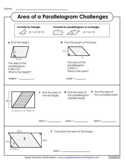 Level: Intermediate Double-Digit Measurements - Area of a Parallelogram Challenges (Intermediate)