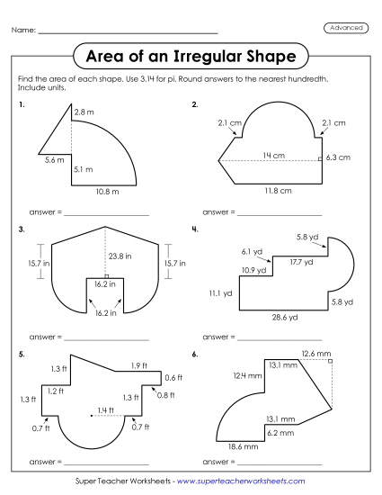 Advanced - Area of an Irregular Shape:  Triangles, Rectangles, and Semicircles (Printable PDF Worksheet)