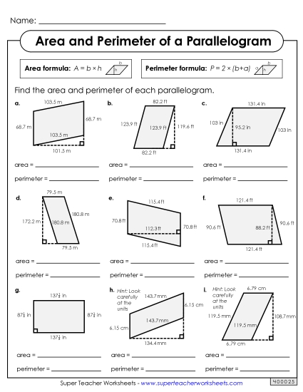 Level: Advanced Decimal & Fraction Measurements - Areas & Perimeters of Parallelograms (Advanced)