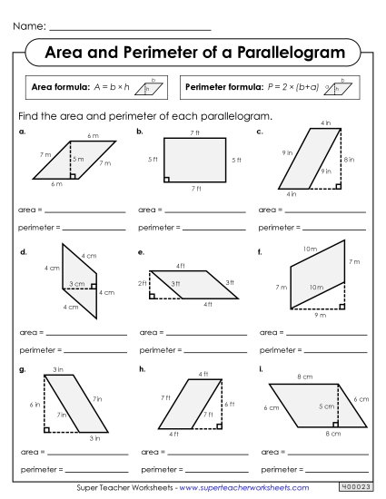 Basic Level: Single-Digit Measurements - Areas & Perimeters of Parallelograms (Basic) Basic Level: Single-Digit Measurements - Areas & Perimeters of Parallelograms (Basic)