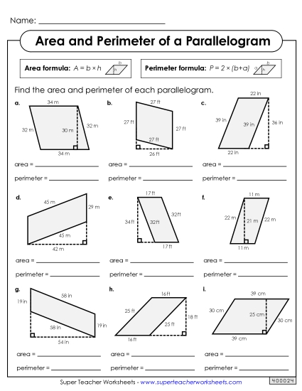 Level: Intermediate Double-Digit Measurements - Areas & Perimeters of Parallelograms (Intermediate)