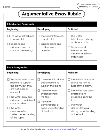 Argumentative Essay - Argumentative Essay Rubric (Printable PDF Worksheet)