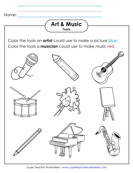 Early Arts & Music Worksheets - Art & Music Tools (Coloring) (Printable PDF Worksheet)