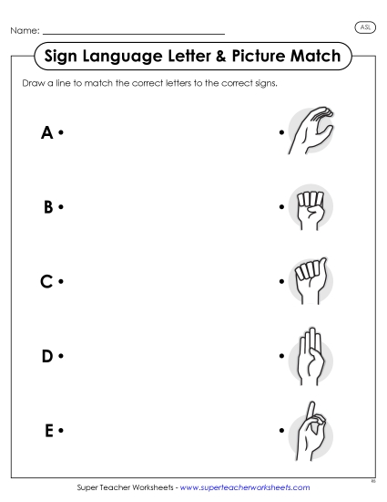 Letter Matching Worksheets - ASL Letter-Picture Match 1 (Printable PDF Worksheet)