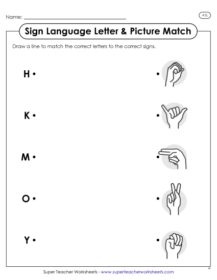 Letter Matching Worksheets - ASL Letter-Picture Match 2 (Printable PDF Worksheet)