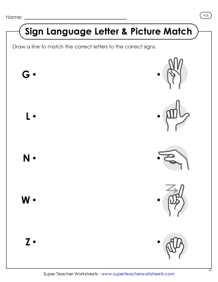 Letter Matching Worksheets - ASL Letter-Picture Match 4 (Printable PDF Worksheet)
