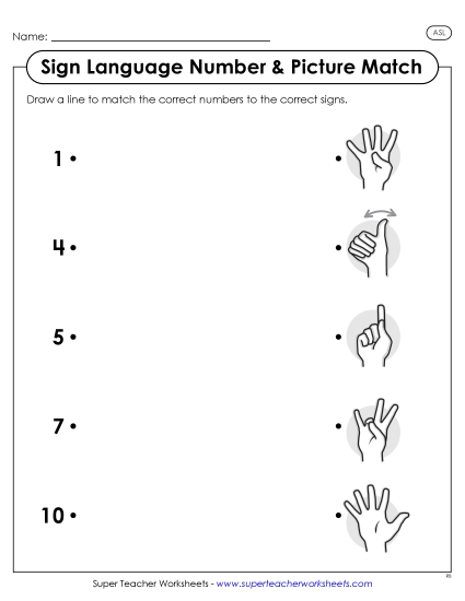 ASL Number Worksheets - ASL Number Match Worksheet 1 (Printable PDF Worksheet)