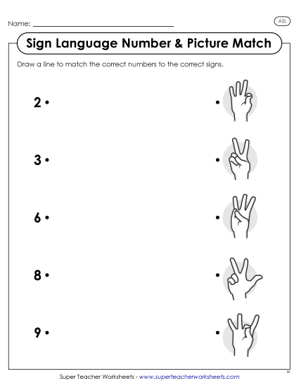 ASL Number Worksheets - ASL Number Match Worksheet 2 (Printable PDF Worksheet)