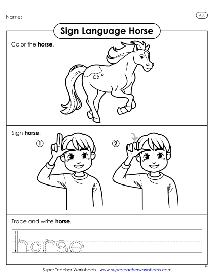 Sign Language - ASL Sign: Horse (Printable PDF Worksheet)