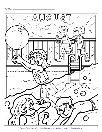 Month Coloring Pages - August (Advanced) (Printable PDF Worksheet)