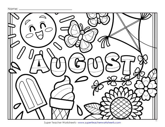 Month Coloring Pages - August (Basic) (Printable PDF Worksheet)