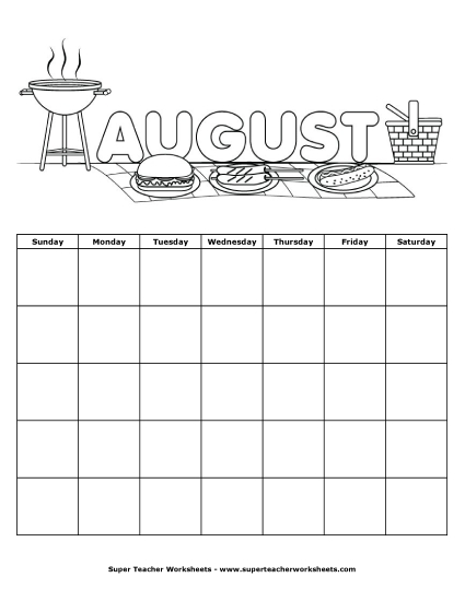 Blank Calendars for Kids - August Calendar (Blank) Blank Calendars for Kids - August Calendar (Blank)