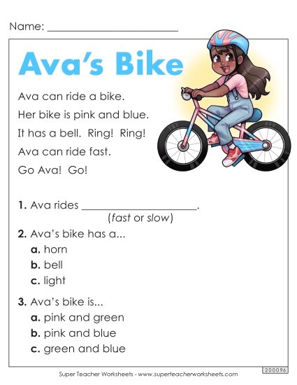 Passages with Basic Reading Comprehension Questions - Ava's Bike Passages with Basic Reading Comprehension Questions - Ava's Bike
