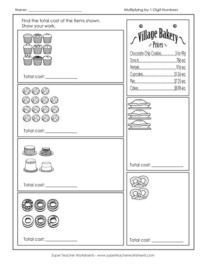 Money Times 1-Digit Worksheets - Bakery Multiplication Money Times 1-Digit Worksheets - Bakery Multiplication