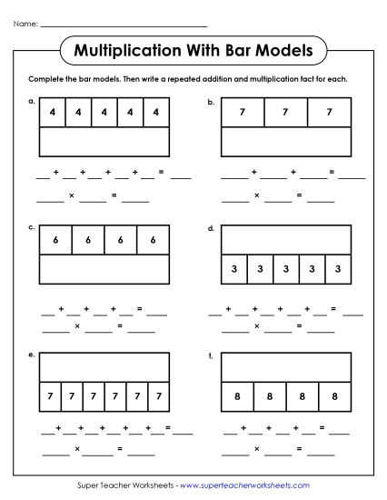 Repeated Addition w/ Bar Models - Bar Model Worksheet #2: Repeated Addition and Multiplication