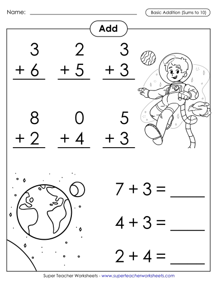 Math Fact Practice - Basic Addition Facts: Astronaut (Addends to 10; Sums to 10) Math Fact Practice - Basic Addition Facts: Astronaut (Addends to 10; Sums to 10)