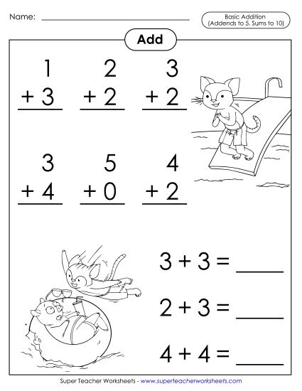 Math Fact Practice - Basic Addition Facts: Swim Cat (Addends to 5; Sums to 10) Math Fact Practice - Basic Addition Facts: Swim Cat (Addends to 5; Sums to 10)