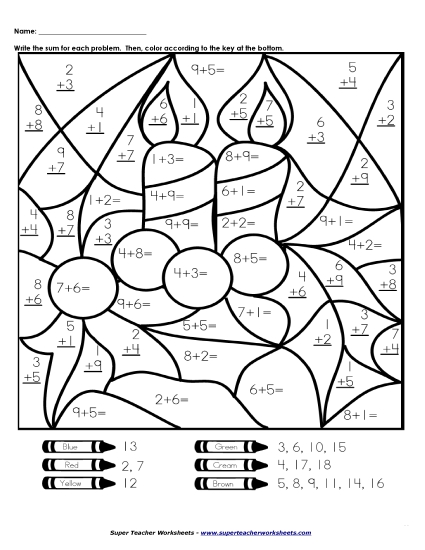 Christmas Addition - Basic Addition Mystery Picture (Candle)