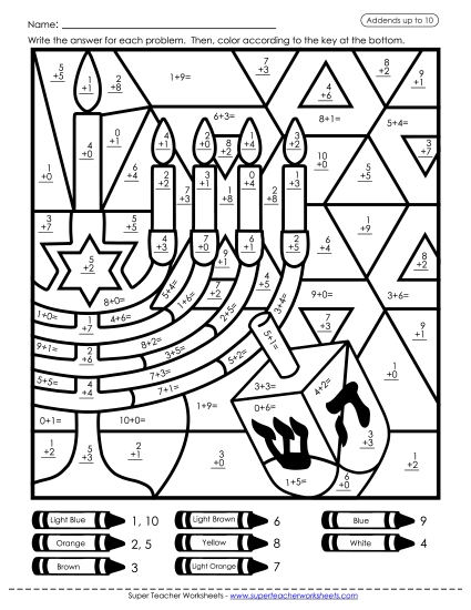 Hanukkah Math Worksheets - Basic Addition Mystery Picture