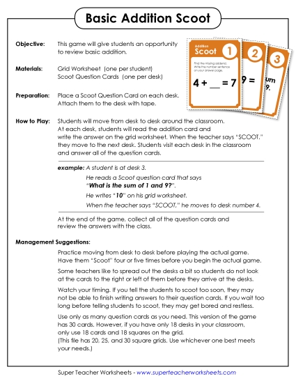Addition Worksheets, Games, & Puzzles - Basic Addition Scoot! Game Addition Worksheets, Games, & Puzzles - Basic Addition Scoot! Game