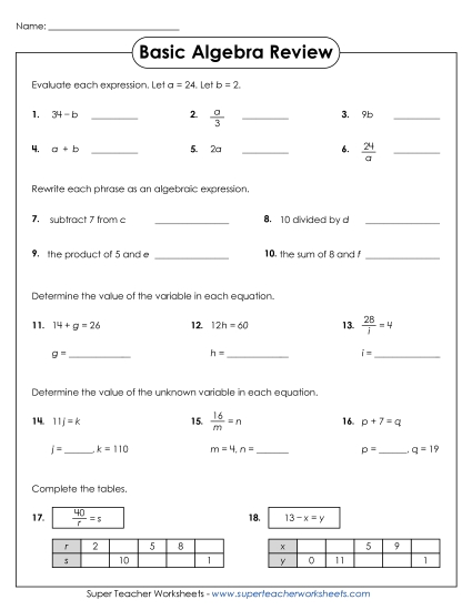 Expressions & Equations Mixed - Basic Algebra Review