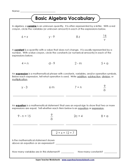 Expressions & Equations Mixed - Basic Algebra Vocabulary