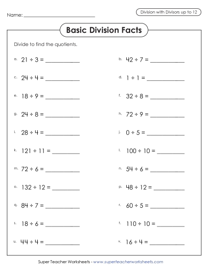 Division Basic Facts Mad Minute Drills - Basic Division Facts Drill