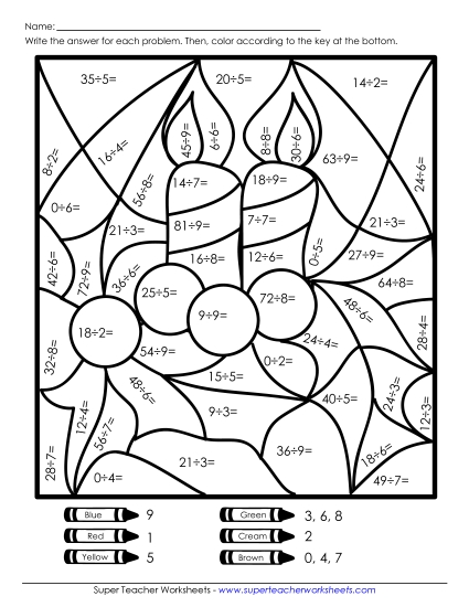 Christmas Division Worksheets - Basic Division Mystery Picture (Candle) Christmas Division Worksheets - Basic Division Mystery Picture (Candle)