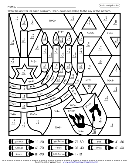 Hanukkah Math Worksheets - Basic Multiplication Mystery Picture Hanukkah Math Worksheets - Basic Multiplication Mystery Picture