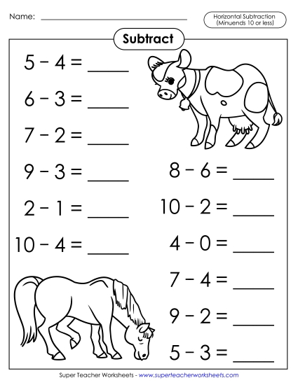 Subtraction Fact Practice - Basic Subtraction Facts: Animals (Horizontal)
