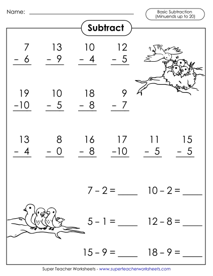 Subtraction Fact Practice  - Basic Subtraction Facts: Birds