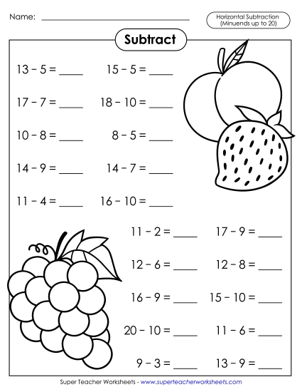 Subtraction Fact Practice - Basic Subtraction Facts: Fruit (Horizontal) Subtraction Fact Practice - Basic Subtraction Facts: Fruit (Horizontal)