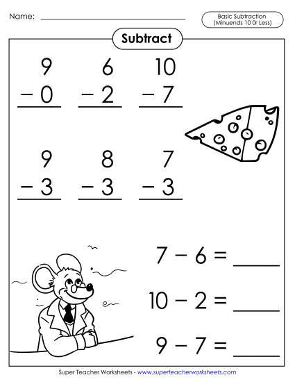 Subtraction Fact Practice - Basic Subtraction Facts: Mouse (Minuends 10 or Less) Subtraction Fact Practice - Basic Subtraction Facts: Mouse (Minuends 10 or Less)