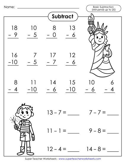 Subtraction Fact Practice  - Basic Subtraction Facts: Patriotic