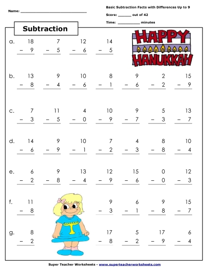 Hanukkah Math Worksheets - Basic Subtraction - Hanukkah