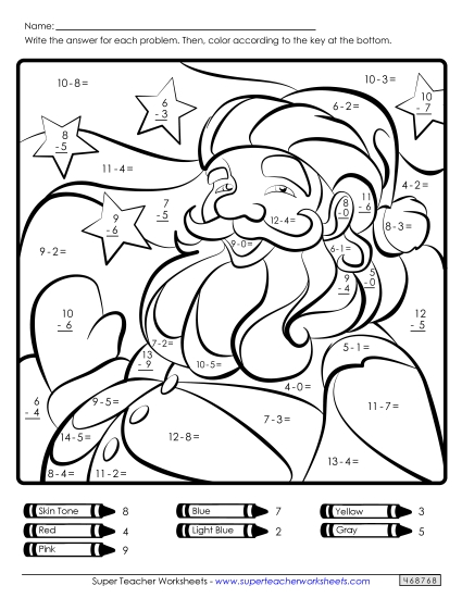 Christmas Subtraction - Basic Subtraction Math Picture: Santa