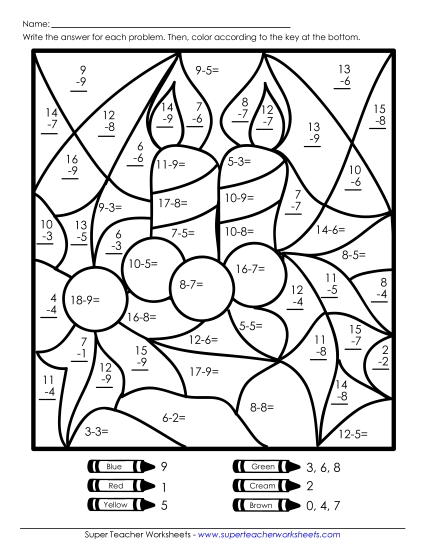 Christmas Subtraction - Basic Subtraction Mystery Picture (Candle)