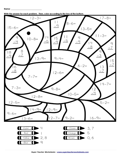Thanksgiving Subtraction - Basic Subtraction Mystery Picture - Turkey
