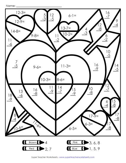 Valentine Subtraction - Basic Subtraction: Valentine Mystery Picture