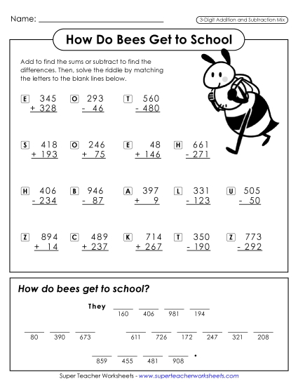 Addition and Subtraction Mixed - Bees Going to School (Add/Subtract; 3 Digit) Addition and Subtraction Mixed - Bees Going to School (Add/Subtract; 3 Digit)