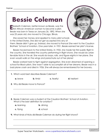 Reading Comprehension - Bessie Coleman (Short Passage)