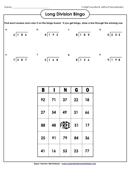 3-Digit Dividends - Bingo: 3-Digit Dividends (No Remainders) 3-Digit Dividends - Bingo: 3-Digit Dividends (No Remainders)