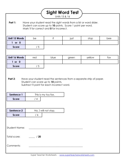 Sight Word Tests - Biweekly Reading Test (Units 15 & 16) Sight Word Tests - Biweekly Reading Test (Units 15 & 16)