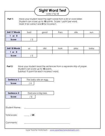 Sight Word Tests - Biweekly Reading Test (Units 17 & 18) Sight Word Tests - Biweekly Reading Test (Units 17 & 18)