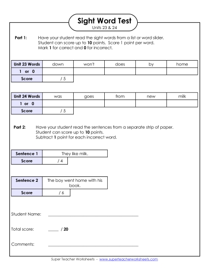 Sight Word Tests - Biweekly Reading Test (Units 23 & 24) Sight Word Tests - Biweekly Reading Test (Units 23 & 24)