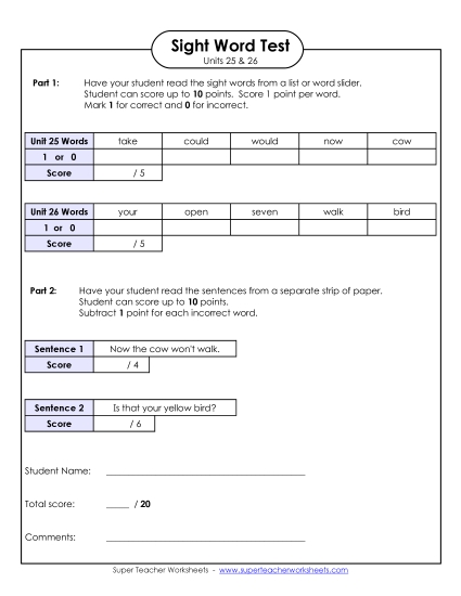 Sight Word Tests - Biweekly Reading Test (Units 25 & 26) Sight Word Tests - Biweekly Reading Test (Units 25 & 26)