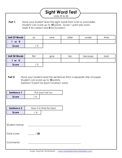 Sight Word Tests - Biweekly Reading Test (Units 29 & 30) Sight Word Tests - Biweekly Reading Test (Units 29 & 30)